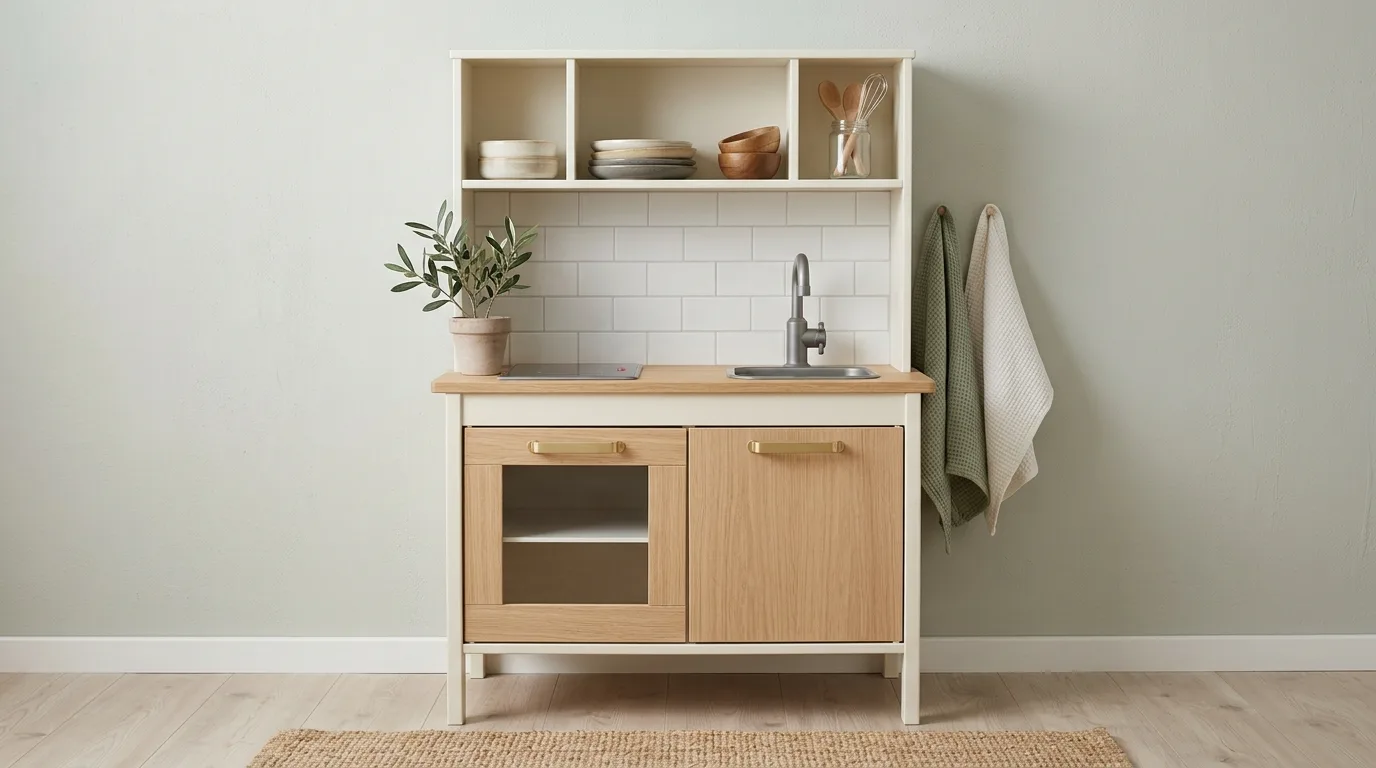 Bring in wood details for a warmer finish inspiration for a kids play kitchen.